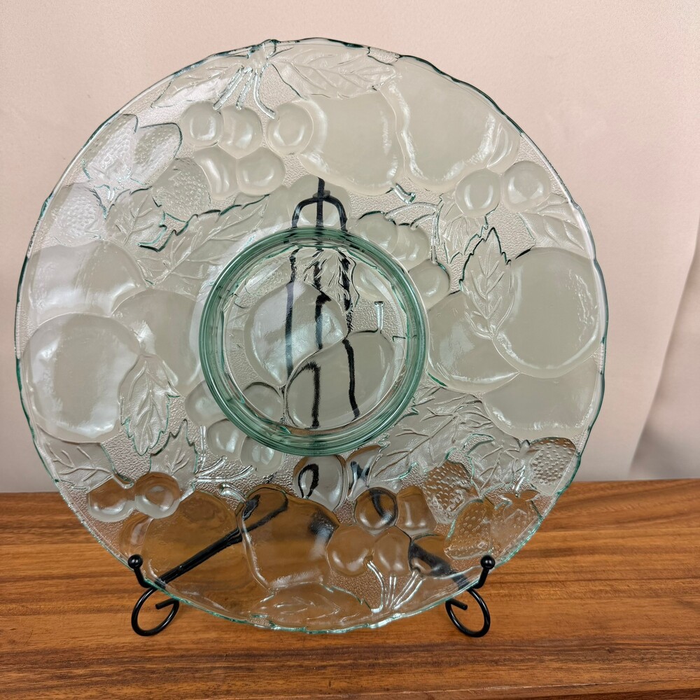 Libby Orchard Fruit Glass Divided Serving Platter with Central Dip Bowl 13"